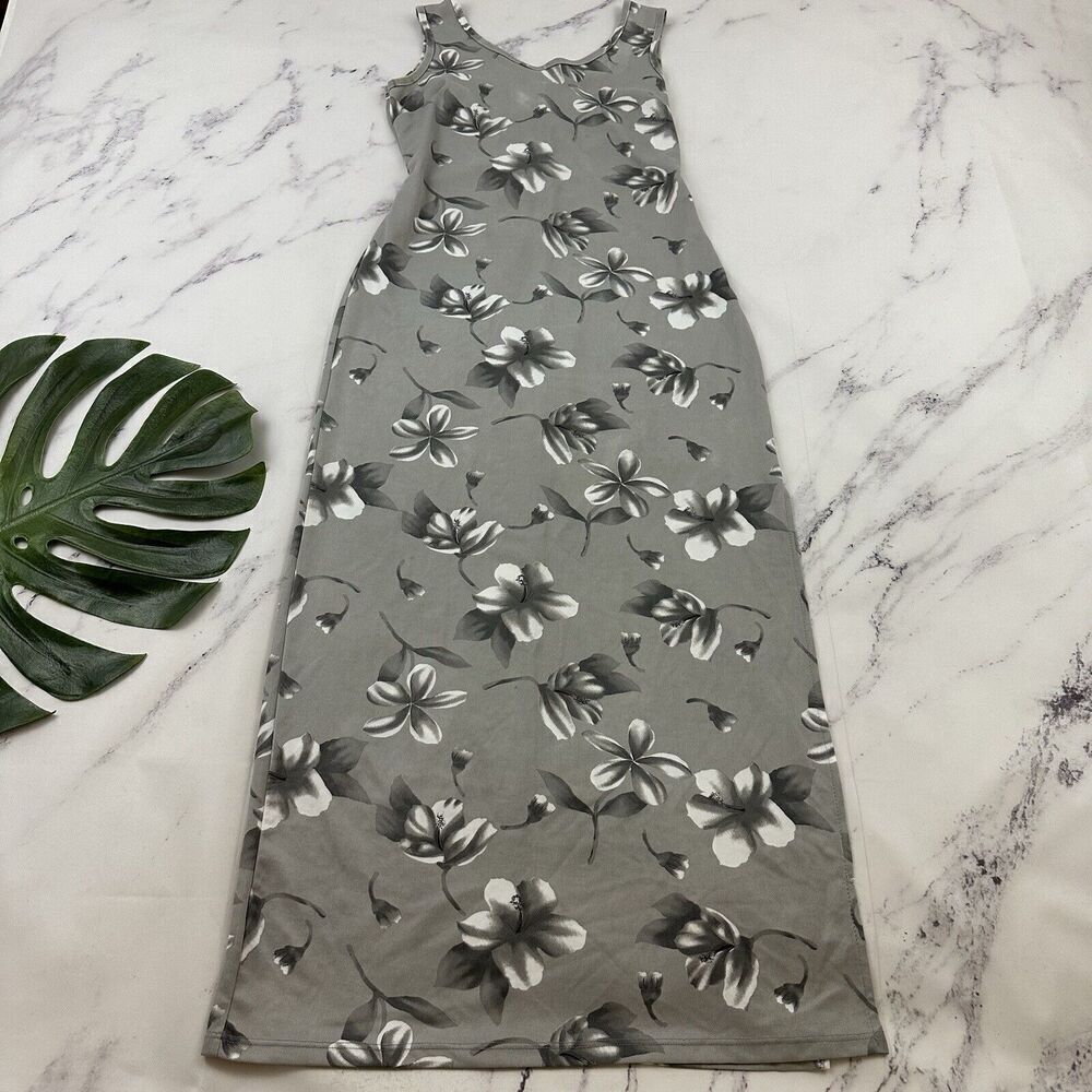 Active USA Womens Vintage Y2k Slip Maxi Dress Size L Gray White Floral Side Slit